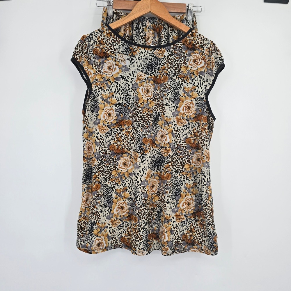 Womens Leopard Floral 2 Piece Lounge Set V-Neck Tunic Wide Leg Pants Tan Yellow - Picture 3 of 10